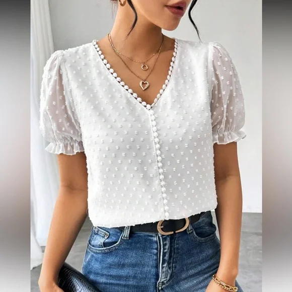 Elegant Burgundy Swiss Dot Puff Sleeve Top - Picture 4 of 16